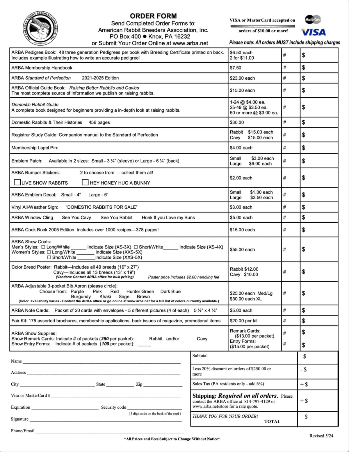 Printable Supplies Order Form – ARBA